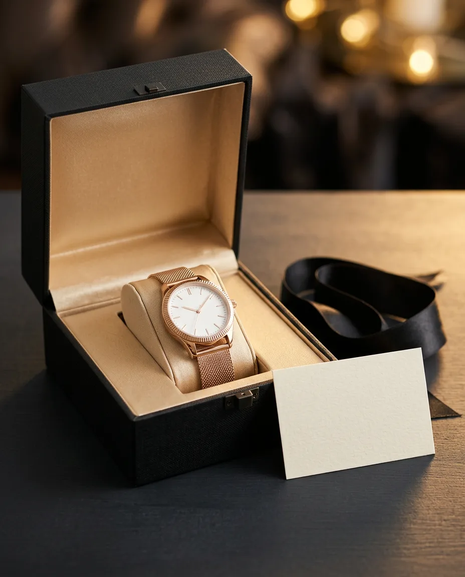 Reloj de dama en caja de regalo negra con interior dorado