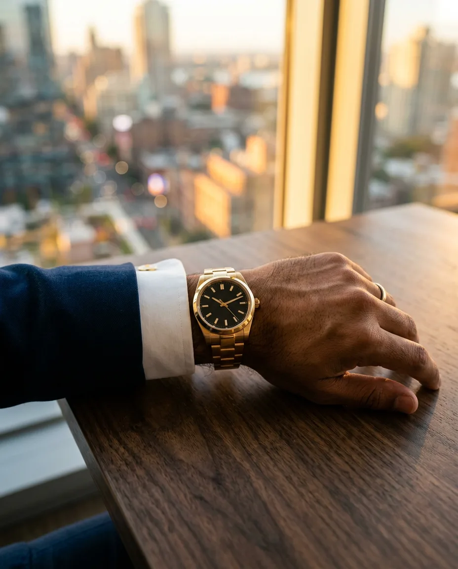 Hombre de traje con reloj dorado en la muñeca