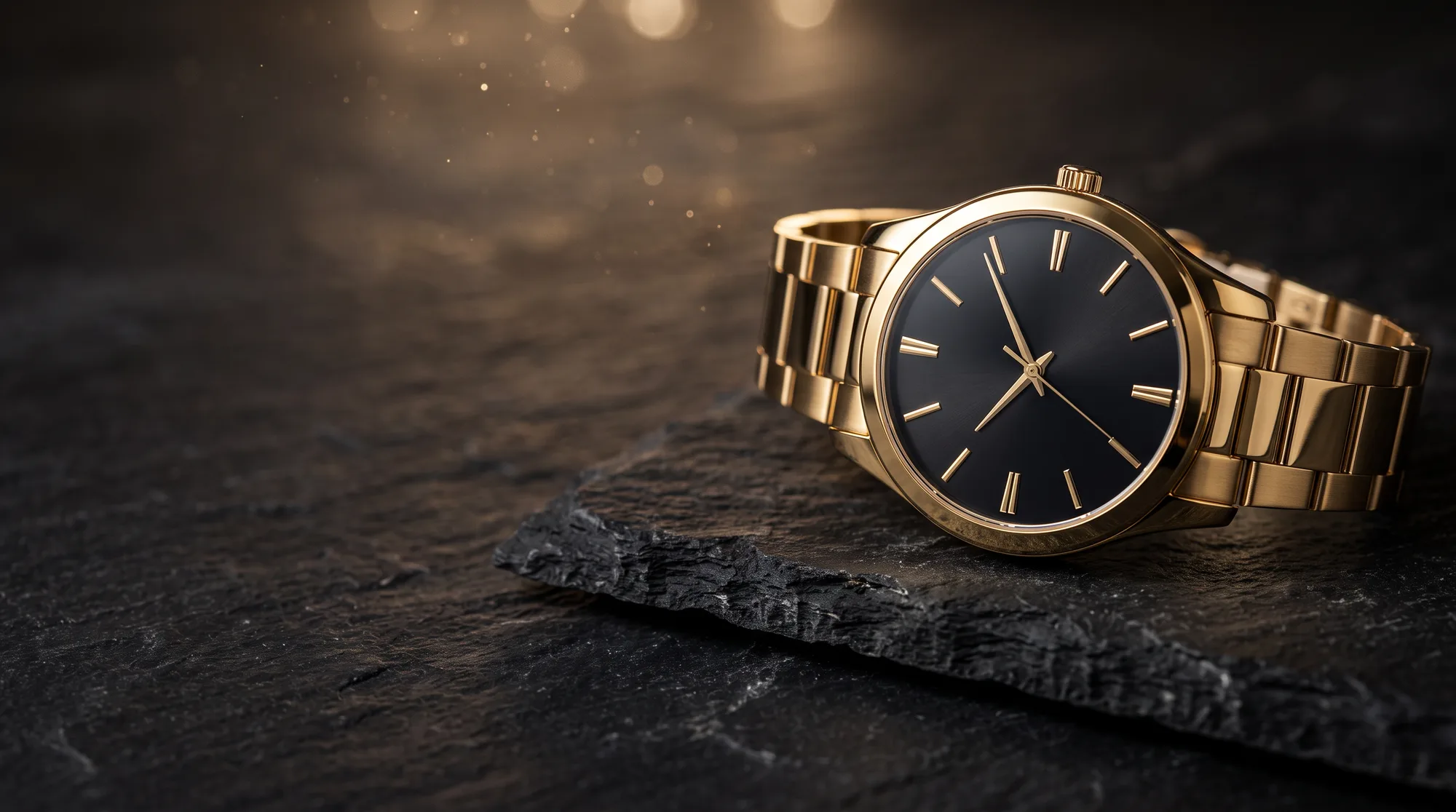 Reloj dorado con esfera negra sobre piedra pizarra